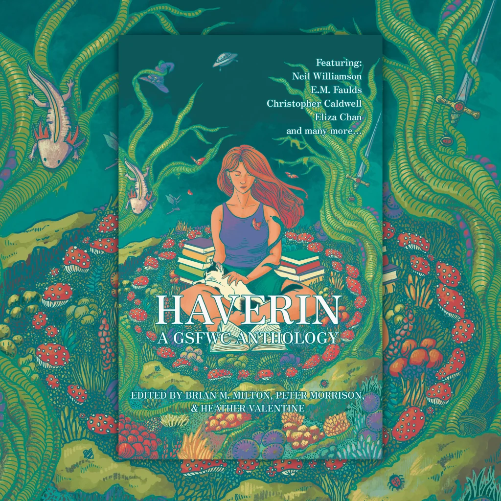 The cover of a Haverin on a background of the repeated image.
The image is of a green forest type environment. In the centre, sat cross-legged,